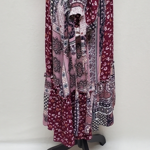 BOHO Anthropologie GiGiO USA Wine Floral Mixed Print Surplice V-neck Dress Small - Picture 8 of 14